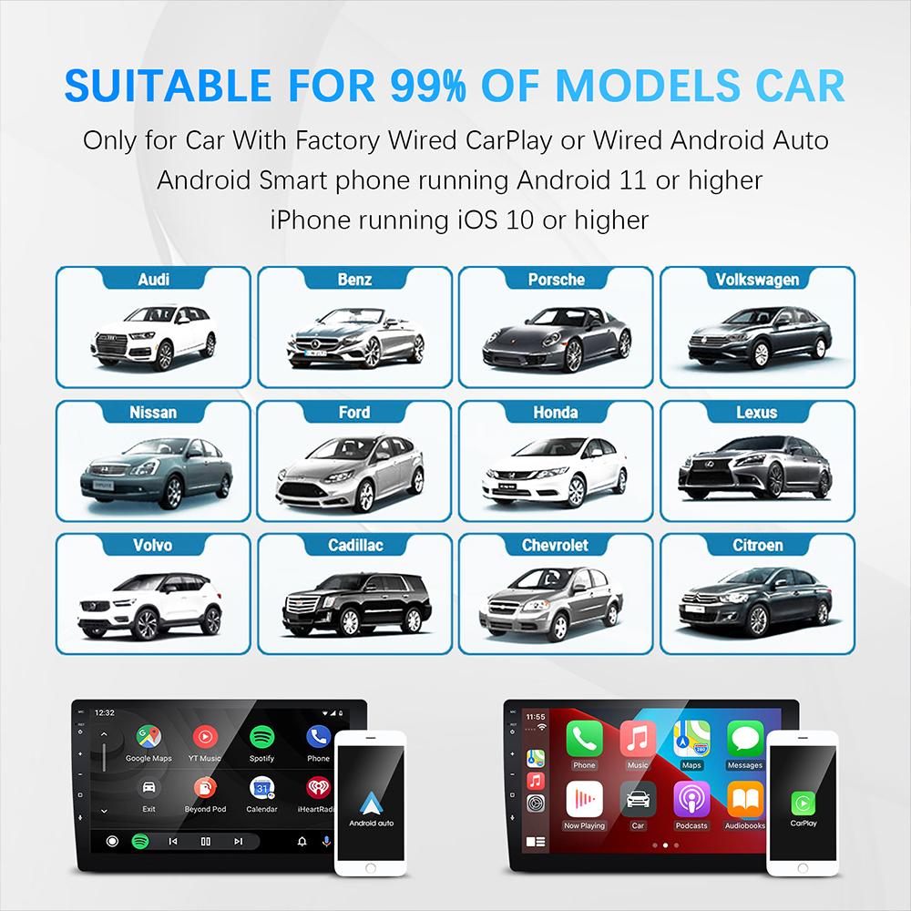 Проводной беспроводной Carplay и Android Auto AI Box 2 в 1 Мини-адаптер Plug And Play Dongle Быстрое подключение Совместимо с 99% автомобилей