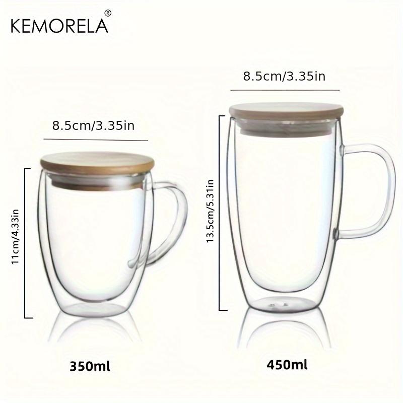 КРУЖКА ДЛЯ КОФЕ С ДВОЙНЫМИ СТЕНКАМИ KEMORELA 350/450 МЛ С БАМБУКОВОЙ КРЫШКОЙ Прозрачная кружка с ручками для горячих напитков, таких как капучино