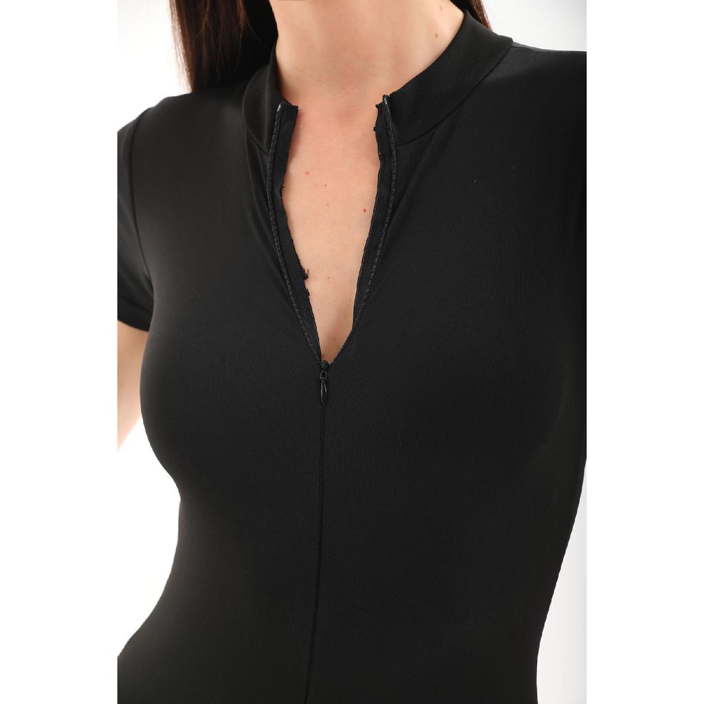 Zipper Detailed Black Swimsuit With Shorts Swimsuit