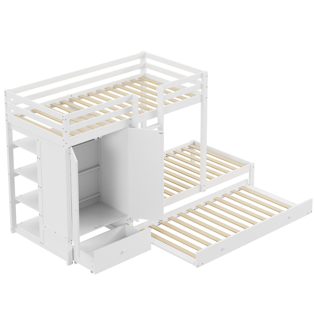 Solid Wood Bunk Bed 90*200 with Pull-out Bed, Multifunctional Children's Bed with Wardrobe, Drawers and Storage Compartment, White