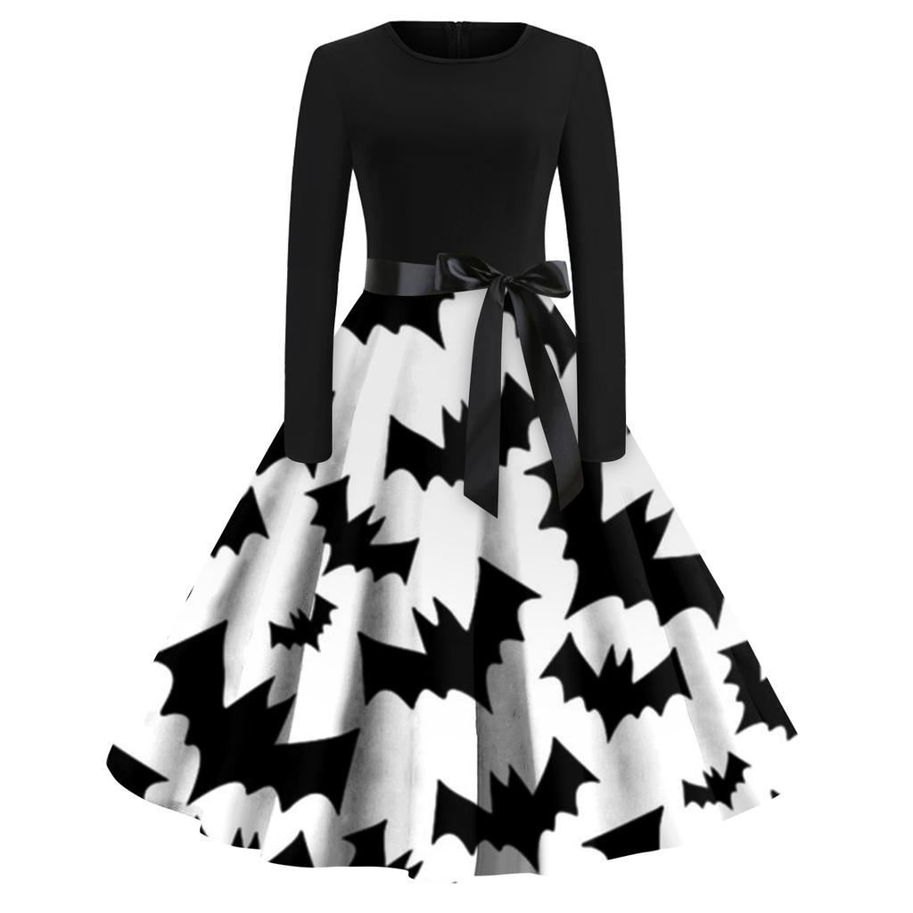 Women's Halloween Print Flare Dress For Women Long Sleeve Dress Party Casual Dresses