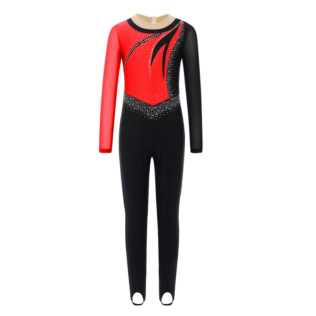 Girls Mesh Long Sleeves Keyhole Back Shiny Rhinestones Color Block Dance Jumpsuit Gymnastics Performance Costume