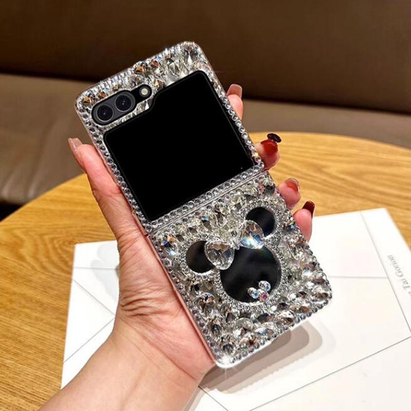 Luxury Rhinestone Cute 3D Mouse Mirror Phone Case for Samsung Galaxy Z Flip 5 4 3 Fashion Water Drop Diamond Hard PC Back Protection Cover
