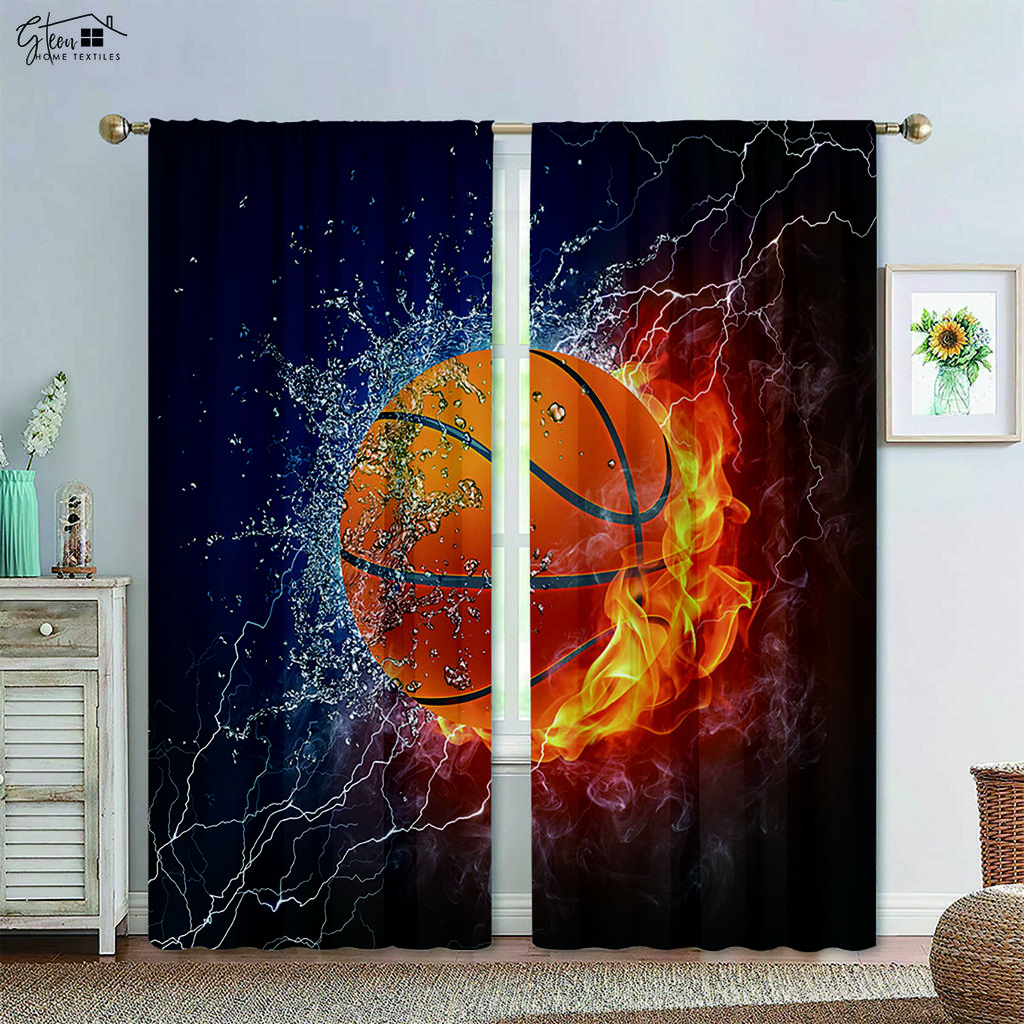Basketball Football in Water and Fire Black Printed Curtain Rod Pocket Design Machine Washable Bedchamber Living Area Decorative Curtains