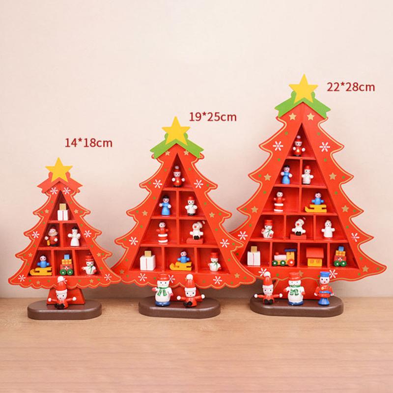 1PC Wooden Christmas Tree Creative Scene Layout Ornaments 3D Red Xmas Table Desktop Decoration Christmas Supplies