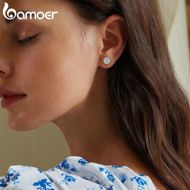 BAMOER Platinum Plated Halo CZ Stud Earrings 925 Sterling Silver Hypoallergenic Classic Elegant Earrings Fashion Jewellry