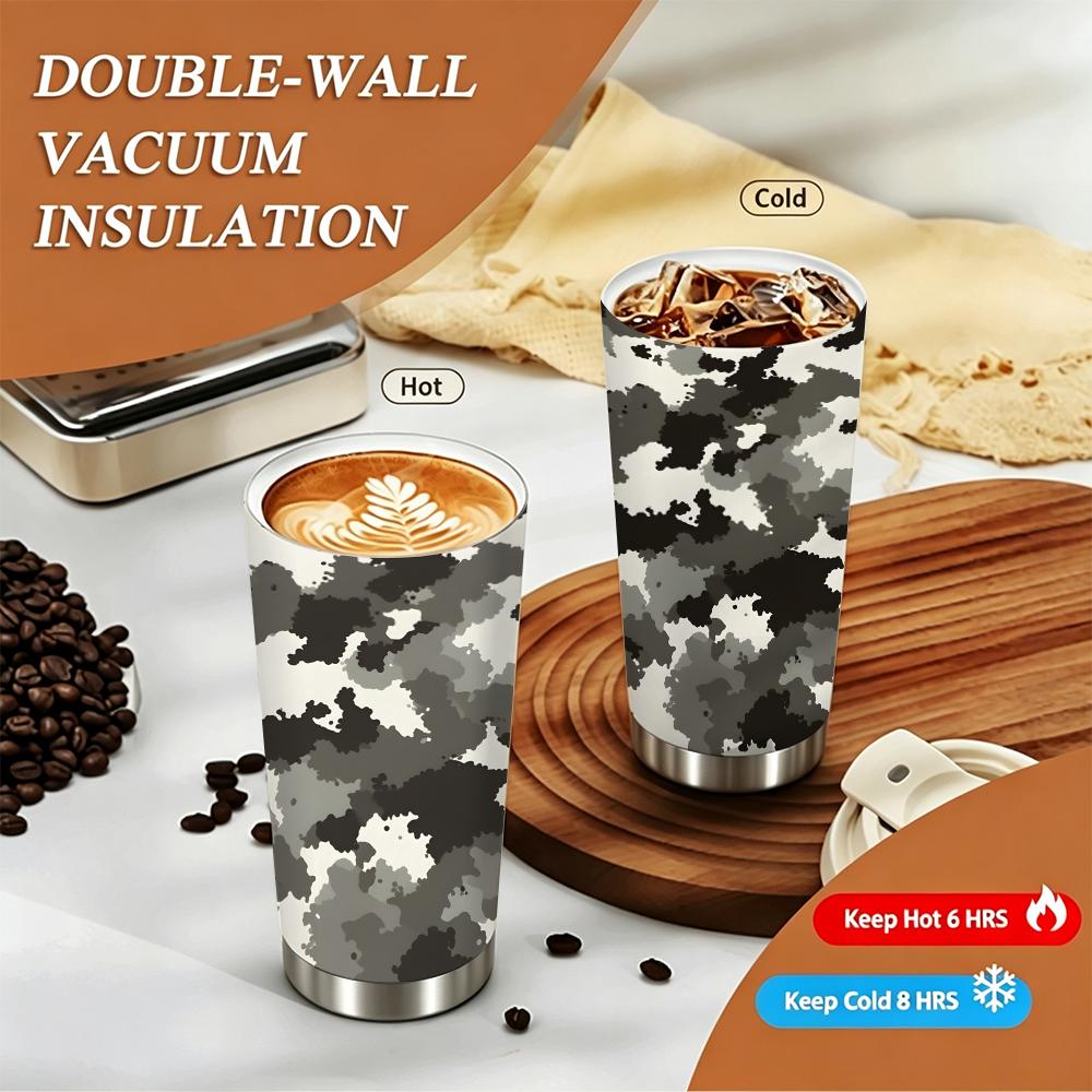 Grey Camouflage Pattern Travel Mug Insulated Coffee Tumbler Stainless Steel Vacuum Cup Leakproof Reusable Container for Outdoors