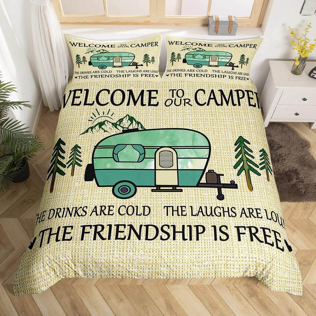 Camping Duvet Cover Lodge Cabin Camp Travel Car Bedding Set,Happy Glamping Trailer Comforter Cover Queen,Vintage Farmhouse Decor