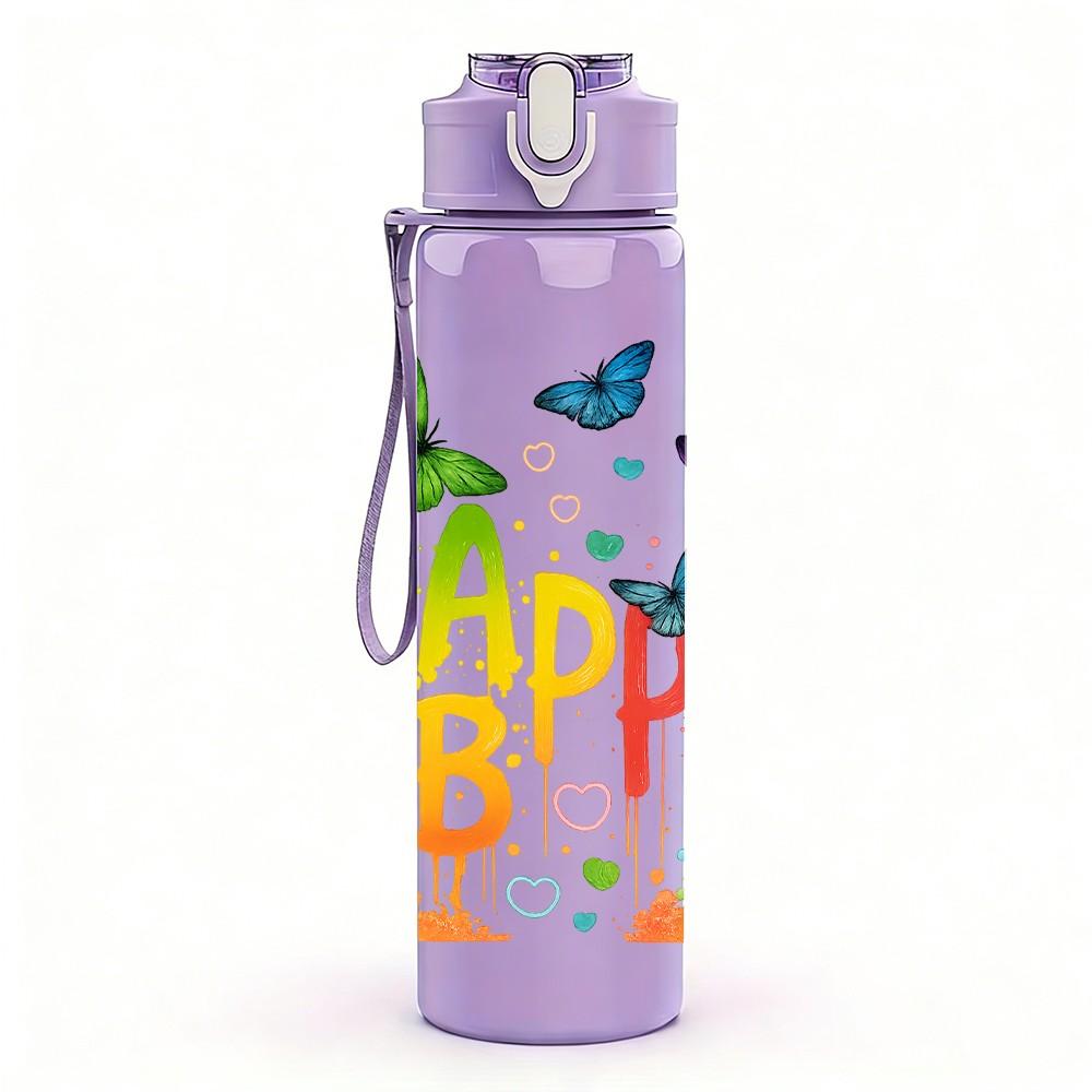 1PC Happy B Letter Butterfly 750ml Color Plastic Sports Water Bottle Leakproof Flip Straw Lid Suitable for Sports Office Home Use