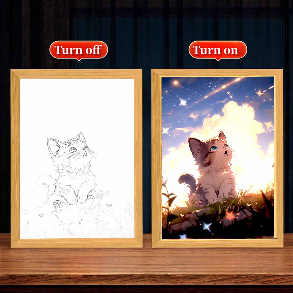 Cute Cat Light Painting Picture Frame Kawaii Led Night Light Home Bedside Table Room Decor Friends Kids Birthday Gifts Moon Lamp