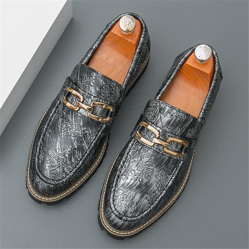 Fashion New Retro Print Pattern Leather Loafter Men's Metal Chain Casual Shoes Designer Formal Wedding Dress Homecoming Footwear
