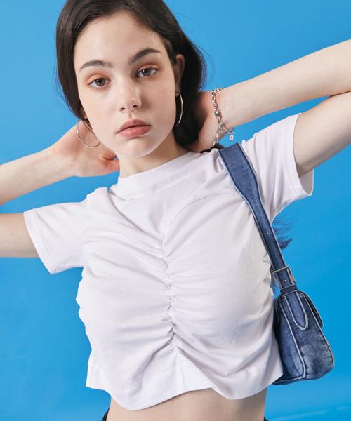 KOLEAT Women Summer Cooling Crop Shirred Slim Fit Short Sleeve Tee [White]