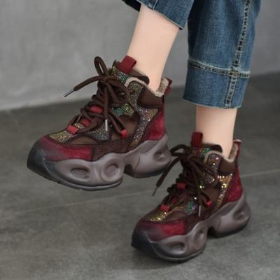 Теплые плюшевые хлопковые туфли для спорта и отдыха, разноцветные женские туфли из натуральной кожи на толстой подошве