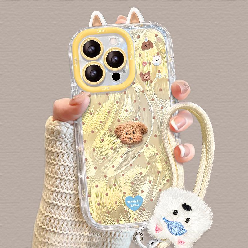 Шнурок с щенками в горошек, подходит для чехла на телефон Apple 17promax, iPhone 15, пряжа из перьев, 16, милые, 14, новые женские модели