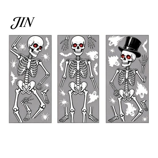Rent-friendly Glass Decal 3Pcs Halloween Skeleton Stickers, Waterproof PVC Window Clings, Static Decals, Stress-free Removable Stickers for