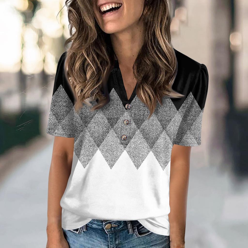Женская модная повседневная футболка с цветными блоками и принтом в виде V-образного выреза с коротким рукавом и пуговицами
