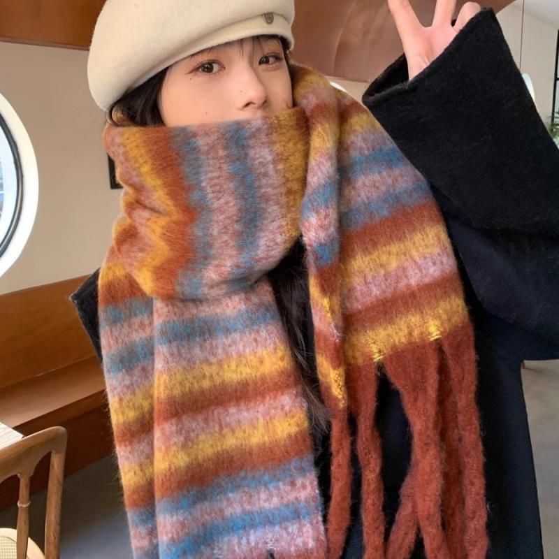 Autumn atmosphere~ Korean light luxury retro striped scarf mohair fringed scarf women's winter cold-proof versatile shawl