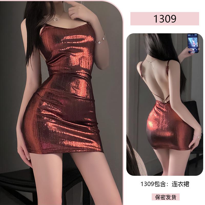 Yiyue Erotic Lingerie, sexy and hot girl halter, shiny nightclub hip-hugging dress, women's uniform, tempting no-take sleeping dress 1309