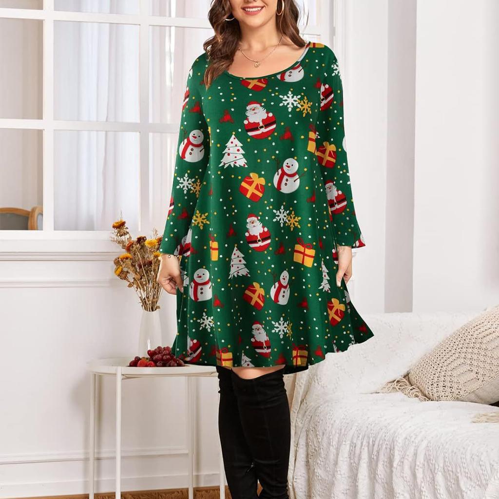 Весенне-осенние модные рождественские платья с мультяшным принтом, женское платье среднего размера с рукавами среднего размера