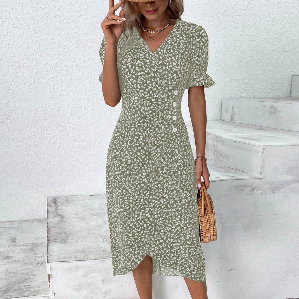 Women's Summer Casual Dress V Neck A-line Boho Ditsy Floral Flounce Sleeve Wrap Hem Dress