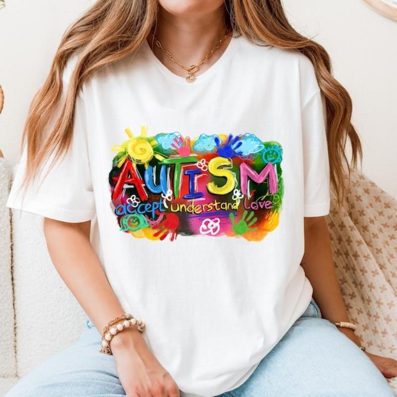 Autism Hand Paint Accept Understand Love Tee Autism Awareness Month Shirt for Autism Awareness Outdoors High Quality Cotton Tee