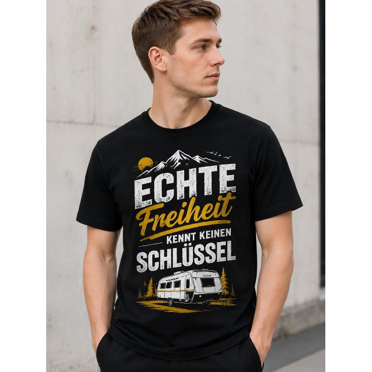Men's Black Short Sleeve T-Shirt with German Camping Graphic, Relaxed Fit Crew Neck, Soft Cotton Feel, Vintage Mountain & Camper Design for Outdoor