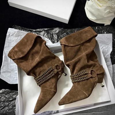 Корейская версия нишевые цепочки кошачий каблук тонкие сапоги женские сапоги средней длины на наборном каблуке с темпераментом тонкий высокий каблук острый носок западный ковбой короткие сапоги