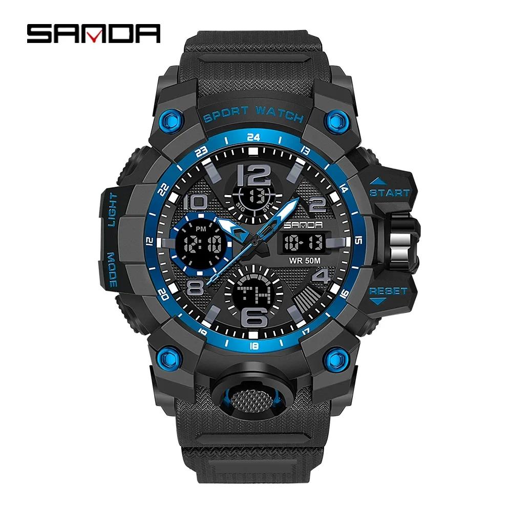 SANDA 6021 Светодиодные двойные дисплеи Кварцевые наручные часы Мужские цифровые часы Военный секундомер Reloj Hombre Спортивные часы для мужчин Водонепроницаемые