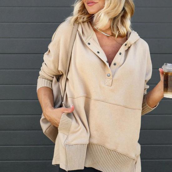 Женская толстовка с капюшоном большого размера на пуговицах с V-образным вырезом, длинными рукавами и карманами на весну, осень, зиму