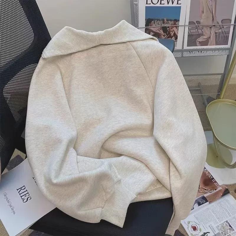 Осенняя ретро-серая женская свободная толстовка с полумолнией