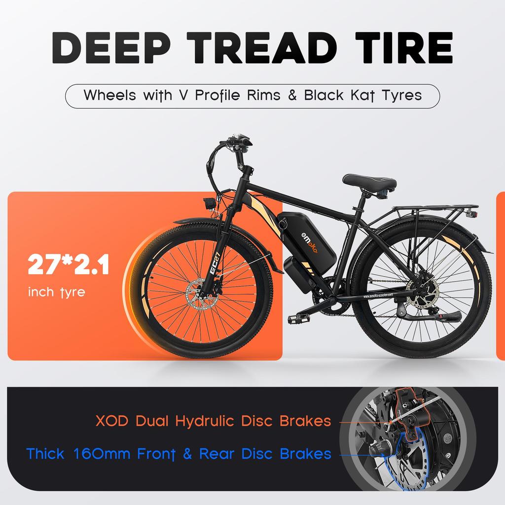 Electric Bike EMOKO 27" 500W Motor Adult Ebike 48V 25AH Max Range 100Km 7 Speed Load 120Kg Black EC27