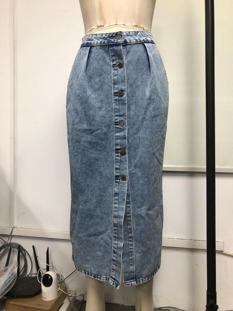 Модная женская удобная и элегантная однобортная джинсовая юбка-бюстье с высокой талией