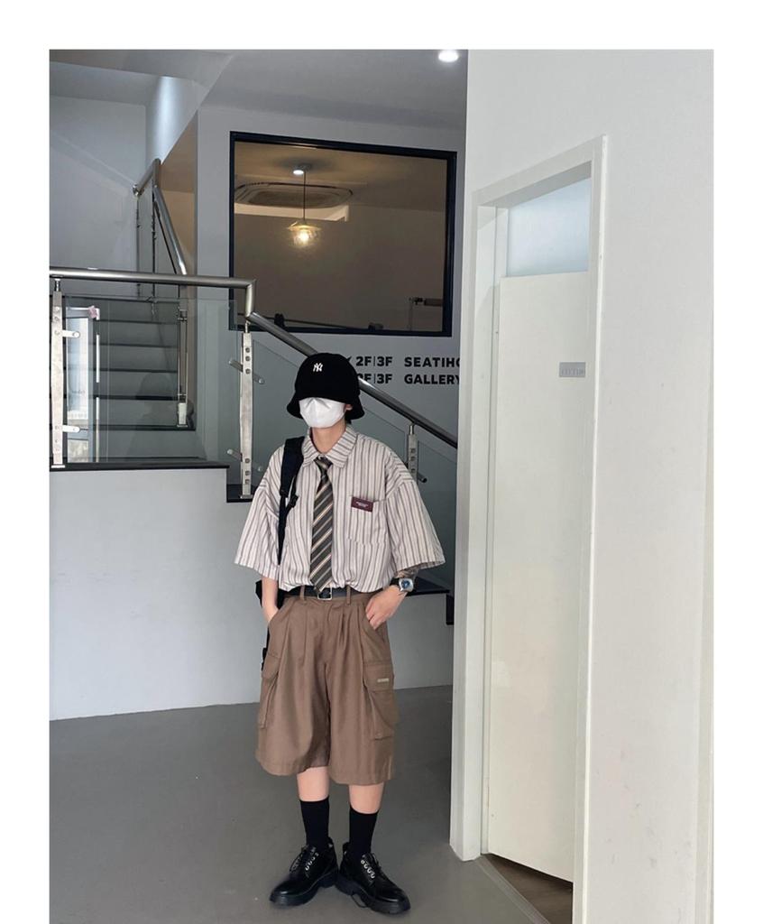 2023 Лето унисекс японский ретро полосатый лацкан короткий рукав модная рубашка