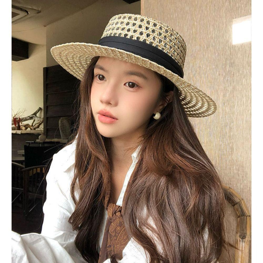 Wide Brim Summer Sun Hats Adjustable Flat Top Hat Fashion Beach Hats for Women