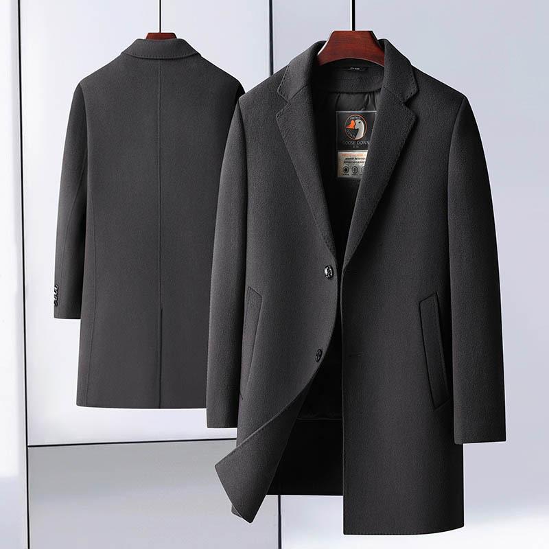 Зимнее мужское шерстяное пальто с подкладкой из гусиного пуха, средней длины, с воротником-стойкой, двухстороннее шерстяное пальто