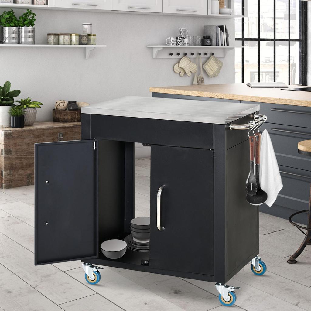 Kitchen Cart with Wheels, Serving Cart, Rolling Cart with Cabinet, Hooks and Stainless Steel Handles, Kitchen Helper