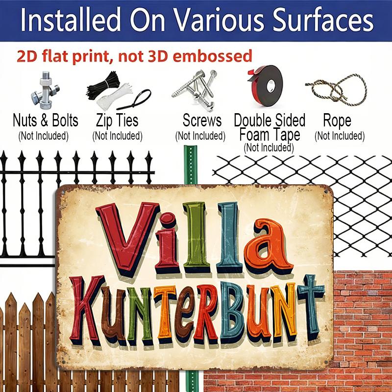 2D Flat Aluminum Sign Measuring 8*12 Inches, Featuring The Playful Letters of Villa Kunterbunt, Suitable for Living Rooms, Bedrooms, and Offices. It