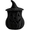 Halloween Woven Seagrass Pumpkin for Spooky  Candy Storage and Home Decor, Black Handcrafted Witch Hat Woven Seagrass Jack-O-Lantern for LED Candy