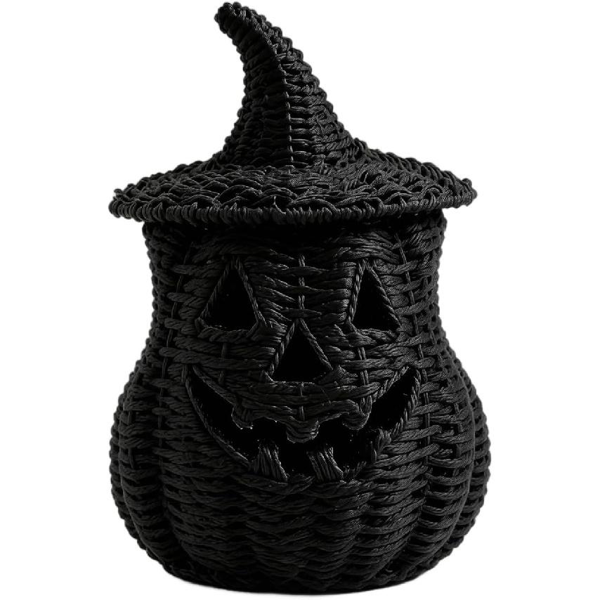 Halloween Woven Seagrass Pumpkin for Spooky Candy Storage and Home Decor, Black Handcrafted Witch Hat Woven Seagrass Jack-O-Lantern for LED Candy
