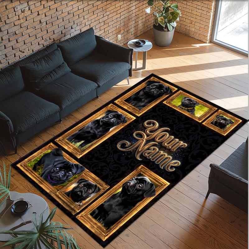 Pug Theme Crystal Velvet Floor Rug Personalized Custom Name Text Warm Carpet Home Decoration