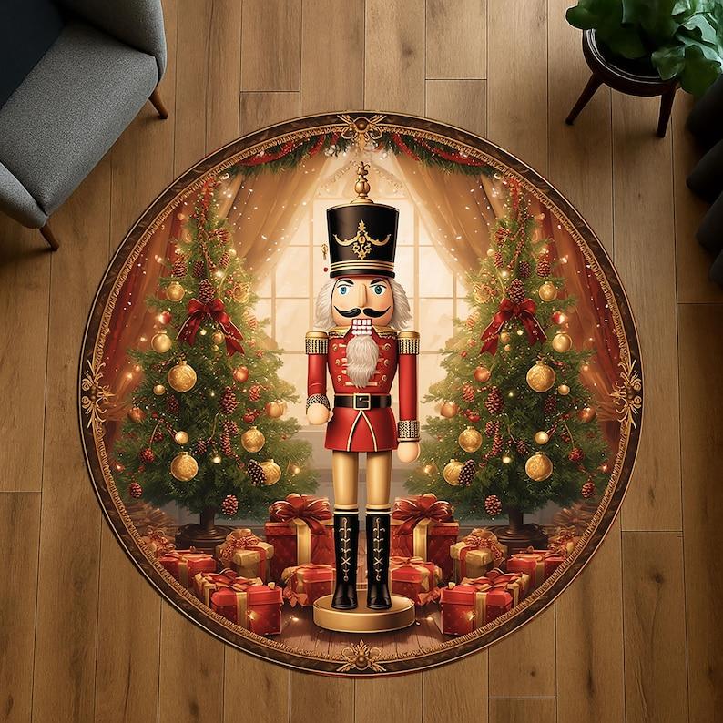 Nutcracker Round Doormat, Classic Christmas Gifts and Trees Rug, Vintage Holiday Ballet Carpet for Festive Living Room Decor