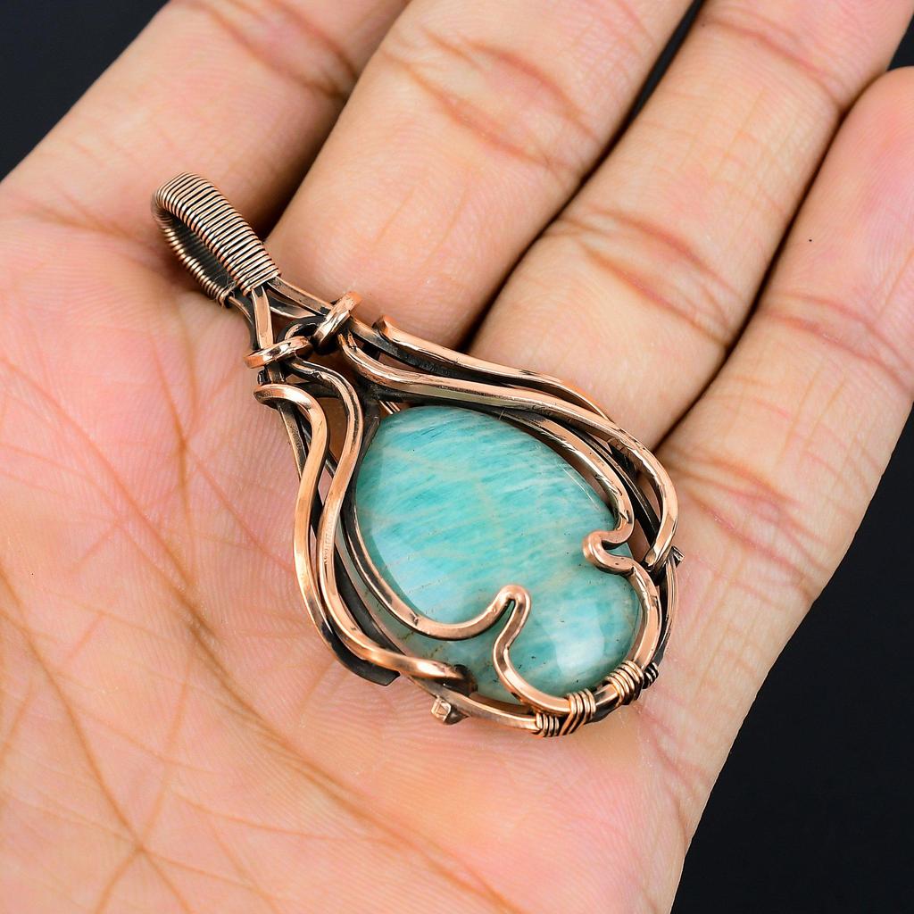 Wonderful Amazonite Gemstone Handmade Pure Copper Wire Wrapped Pendant Jewelry