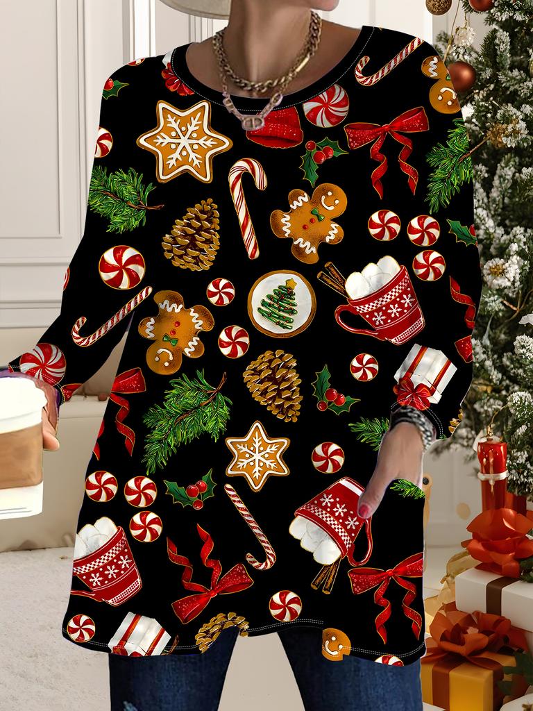 2025 Autumn Winter New Plus Size Women's Tops, Christmas 3D Print Fashion Crew Neck Long Sleeve T-Shirts