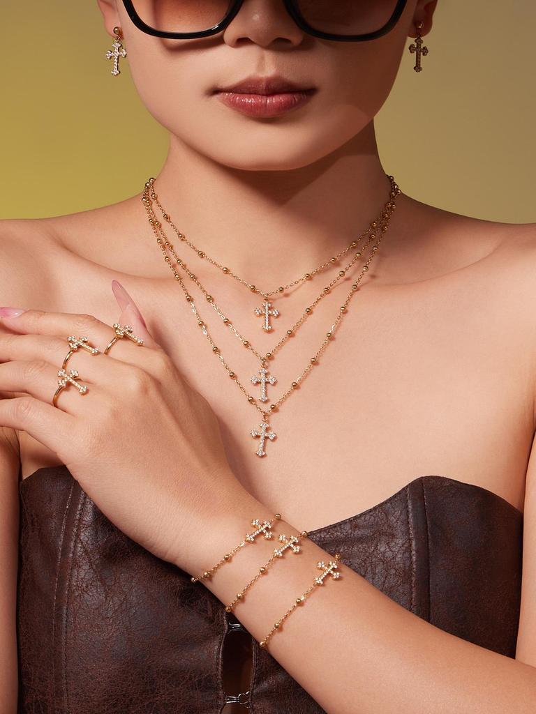 Набор украшений Qiong Yao с крестом из циркония 5A: Серьги, Браслет, Кольцо, Кулон и Цепочка на Ключицы с Покрытием из 18-каратного Золота
