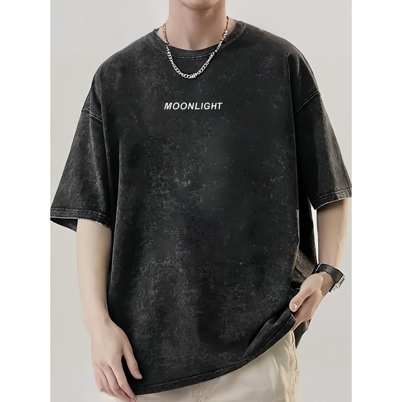 MOONLIGHT Letter Print Summer Men'S Trendy Drop Shoulder High-Quality Thick Oversized Vintage Pure Washed Craft Round Neck T-Shirt Street Style Loose