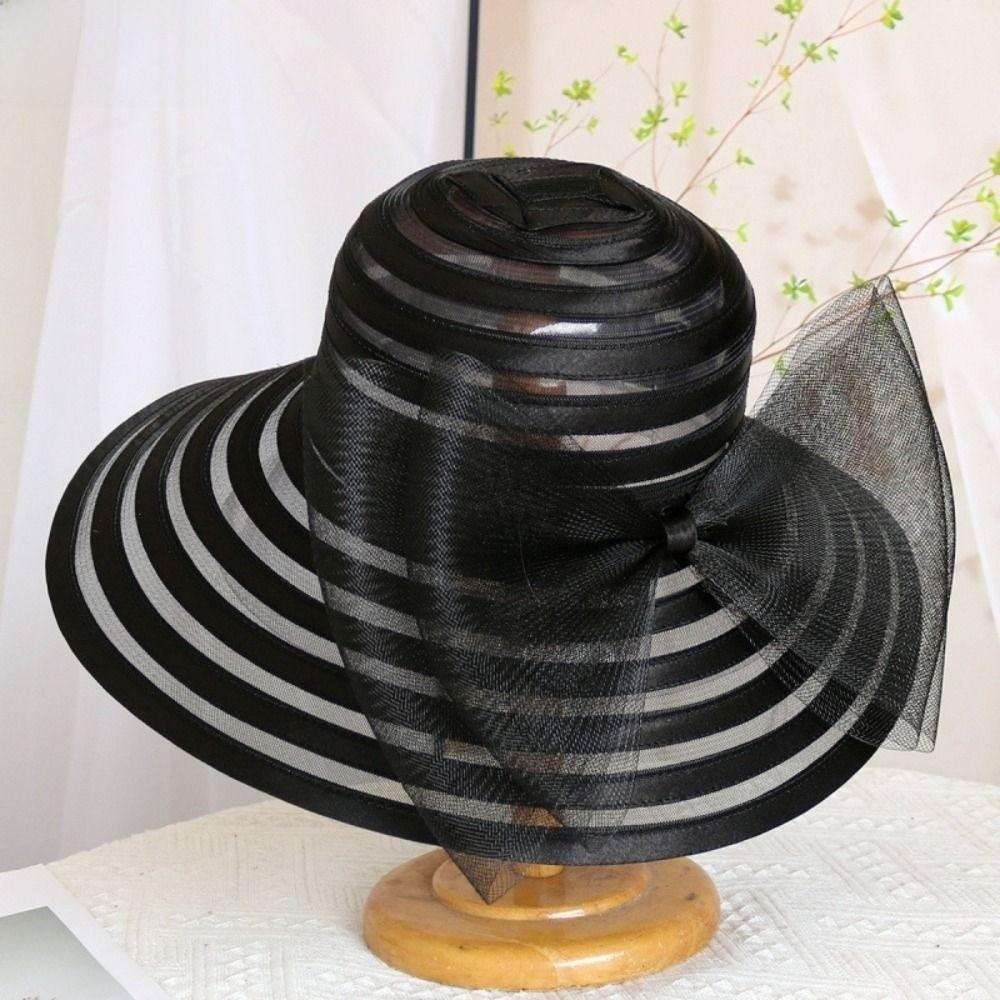 Elegant Ruffles Design Organza Mesh Hat Large Bow Wide Brim Tea Party Cap Breathable Sun Hat Garden Party