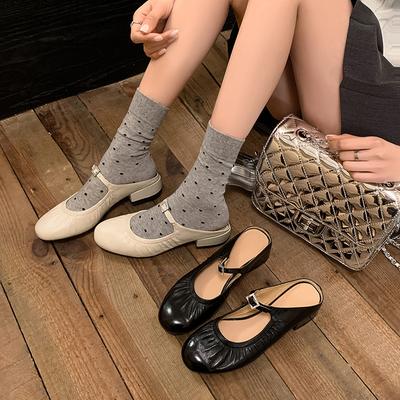 3,5 см французский круглый носок средний толстый каблук плиссированные баотоу тапочки женские 2025 лето бежевые однопедальные мюли полутапочки