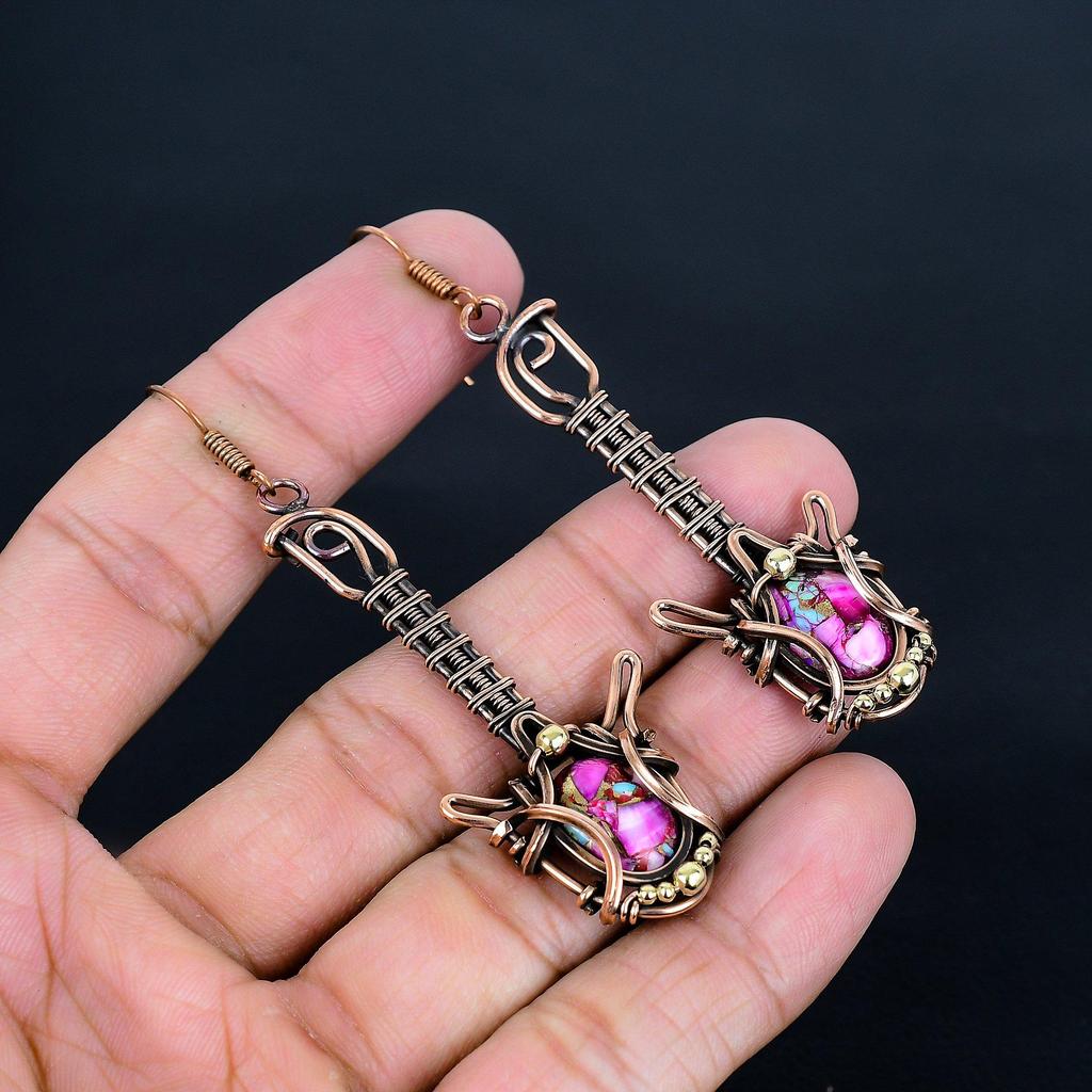 Pink Spiny Oyster 999 Copper Wire Wrapped Earrings, Handmade Gemstone Jewelry Earrings, For Memorial Day