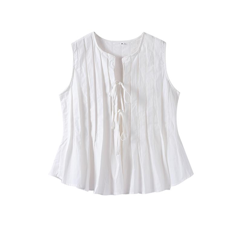 Белый жилет из хлопка и льна, плиссированный короткий топ со шнуровкой, женский, с круглым вырезом, без рукавов, с оборками, топы для отпуска и пляжа, лето