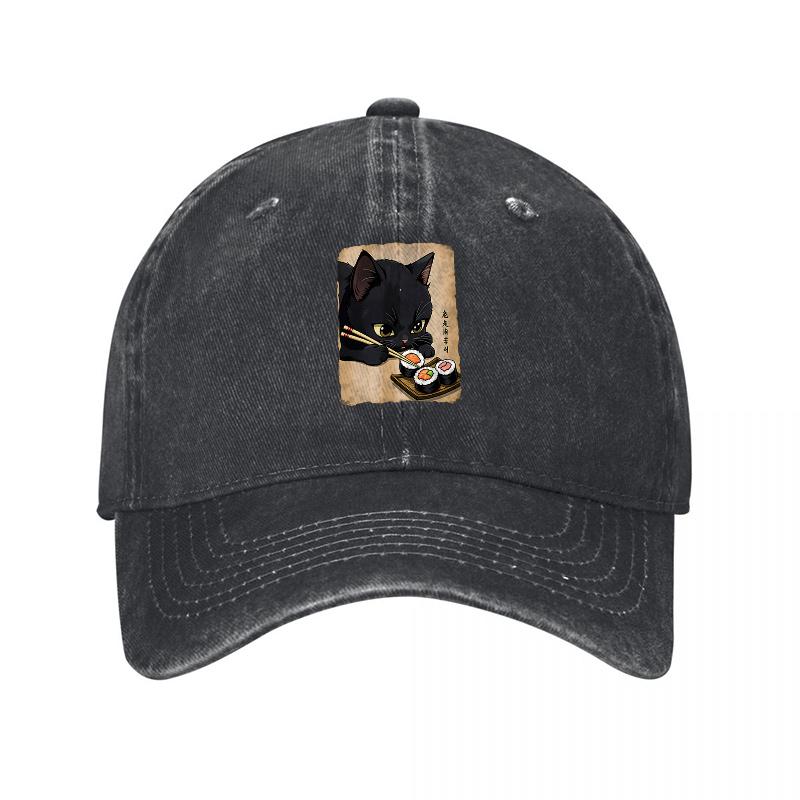 Black Cat with Coffee Cup Patch Washed Canvas Baseball Cap Vintage Style Unisex Adjustable Hat for Casual Wear